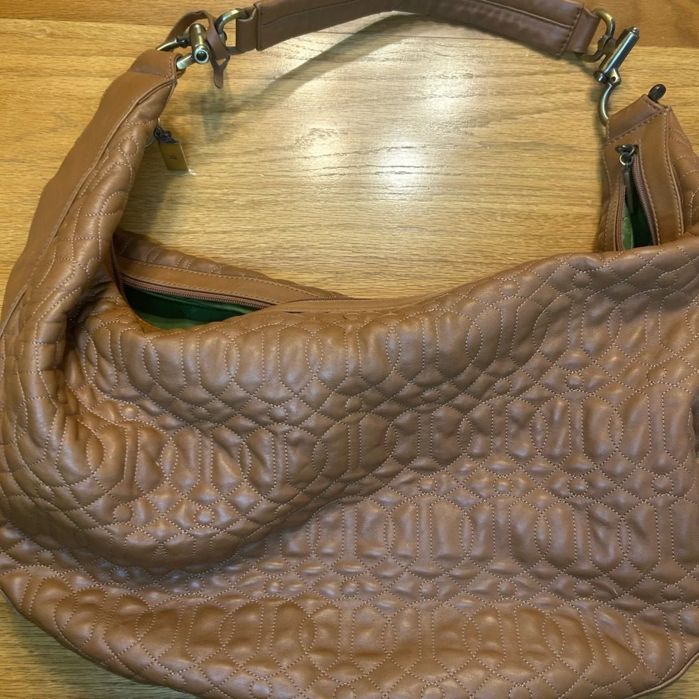 Donald J Pliner Boho crescent shaped Tan Leather Quilted Shoulder purse